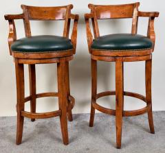 Biedermeier Style Oak Wood Swivel Bar Stool with Green Leather Seat a Pair - 3735495