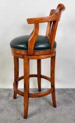 Biedermeier Style Oak Wood Swivel Bar Stool with Green Leather Seat a Pair - 3735497