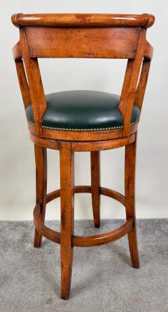 Biedermeier Style Oak Wood Swivel Bar Stool with Green Leather Seat a Pair - 3735498