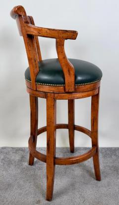 Biedermeier Style Oak Wood Swivel Bar Stool with Green Leather Seat a Pair - 3735500