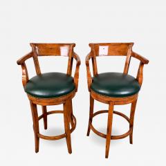 Biedermeier Style Oak Wood Swivel Bar Stool with Green Leather Seat a Pair - 3739994