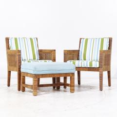 Billy Baldwin Billy Baldwin for Bielecky Bros MCM Rattan Cane Brass Lounge Chairs with Ottoman - 3846673