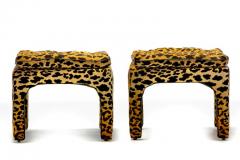 Billy Baldwin Pair of Billy Baldwin Style Leopard Velvet Stools with Leather Piping c 1970s - 2507701