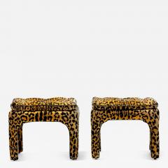 Billy Baldwin Pair of Billy Baldwin Style Leopard Velvet Stools with Leather Piping c 1970s - 2510550