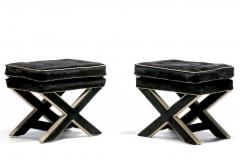 Billy Baldwin Pair of Billy Baldwin Style X Stools in Black Cowhide Ivory Leather c 1970s - 4557570