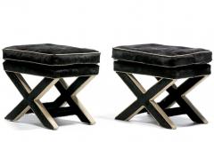 Billy Baldwin Pair of Billy Baldwin Style X Stools in Black Cowhide Ivory Leather c 1970s - 4557571