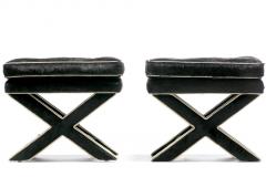 Billy Baldwin Pair of Billy Baldwin Style X Stools in Black Cowhide Ivory Leather c 1970s - 4557574