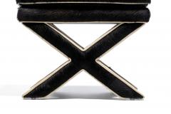 Billy Baldwin Pair of Billy Baldwin Style X Stools in Black Cowhide Ivory Leather c 1970s - 4557576
