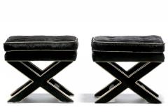 Billy Baldwin Pair of Billy Baldwin Style X Stools in Black Cowhide Ivory Leather c 1970s - 4558391