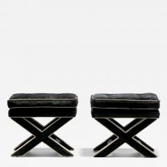 Billy Baldwin Pair of Billy Baldwin Style X Stools in Black Cowhide Ivory Leather c 1970s - 4558392
