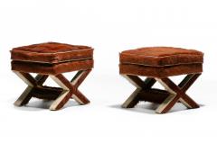 Billy Baldwin Pair of Billy Baldwin Style X Stools in Cinnamon Cowhides Ivory Leather c 1970 - 4557583