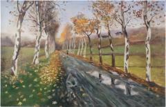 Birch Tree Lined Road And Landscape Painting 1 - 3179009