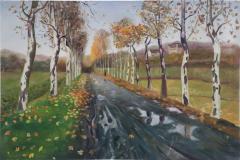 Birch Tree Lined Road And Landscape Painting - 3189234