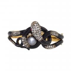 Black Enamel and Natural Gray Pearl Serpent Bangle Bracelet - 2632874