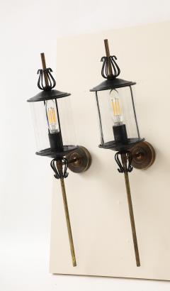 Black Enameled Steel Tole Brass and Glass Sconces by Lunel France 1960s - 3522980