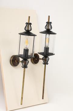 Black Enameled Steel Tole Brass and Glass Sconces by Lunel France 1960s - 3522981