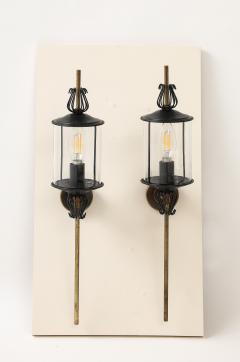 Black Enameled Steel Tole Brass and Glass Sconces by Lunel France 1960s - 3522982