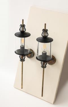 Black Enameled Steel Tole Brass and Glass Sconces by Lunel France 1960s - 3522983