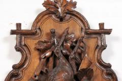 Black Forest Period 19th Century German Oak Wall Carving with Hunting Trophy - 3577430