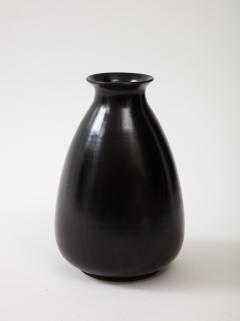 Black Glaze Ceramic Vase Lipped High Neck Squashed Tear Form France c 1960 - 3296393