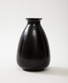 Black Glaze Ceramic Vase Lipped High Neck Squashed Tear Form France c 1960 - 3296399