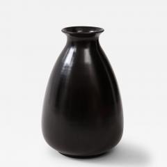 Black Glaze Ceramic Vase Lipped High Neck Squashed Tear Form France c 1960 - 3297215