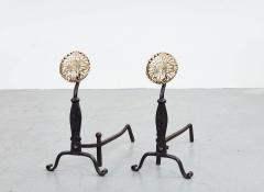 Black Iron Andirons with Brass Rosettes - 3570636