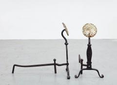 Black Iron Andirons with Brass Rosettes - 3570638