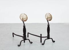 Black Iron Andirons with Brass Rosettes - 3570639
