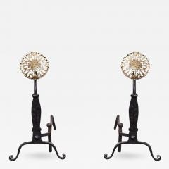 Black Iron Andirons with Brass Rosettes - 3572605