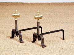 Black Iron and Brass Onion Finial Andirons - 3926381