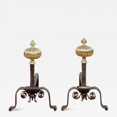 Black Iron and Brass Onion Finial Andirons - 3931116