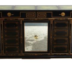 Black Lacquered Gilt Decorated Details Green Leather Top Sideboard Server - 4462290