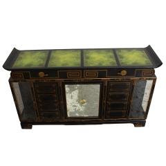 Black Lacquered Gilt Decorated Details Green Leather Top Sideboard Server - 4462292