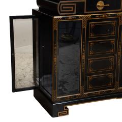 Black Lacquered Gilt Decorated Details Green Leather Top Sideboard Server - 4462294