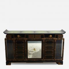 Black Lacquered Gilt Decorated Details Green Leather Top Sideboard Server - 4464297