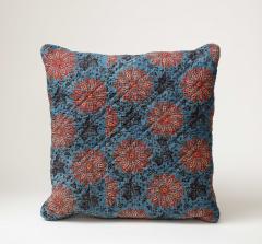 Blue Red and Yellow Block Printed Floral Cotton 19th C Textile Pillow - 3465378