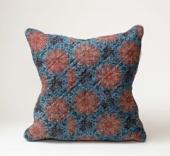 Blue Red and Yellow Block Printed Floral Cotton 19th C Textile Pillow - 3465379