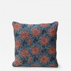 Blue Red and Yellow Block Printed Floral Cotton 19th C Textile Pillow - 3467577