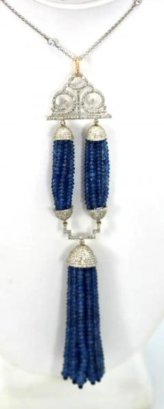 Blue Sapphire Beaded Double Tassel Pendant Necklace - 3462163