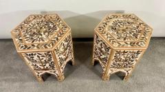 Boho Chic Leaf Design Resin Walnut Hexagonal Side or End Table Pair - 3072592