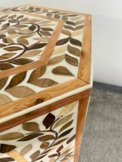 Boho Chic Leaf Design Resin Walnut Hexagonal Side or End Table Pair - 3072595