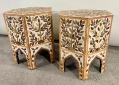 Boho Chic Leaf Design Resin Walnut Hexagonal Side or End Table Pair - 3072597