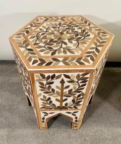 Boho Chic Leaf Design Resin Walnut Hexagonal Side or End Table Pair - 3072602