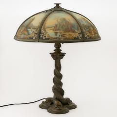 Bradley Hubbard Reverse Painted Glass and Patinated Metal Scenic Table Lamp - 4706287