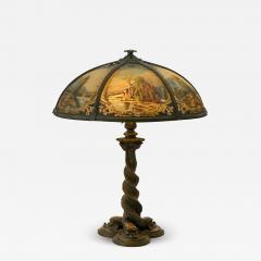 Bradley Hubbard Reverse Painted Glass and Patinated Metal Scenic Table Lamp - 4708322