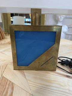 Brass Table Lamp with Blue Panel Base and Rectangular Linen Shade - 4795600