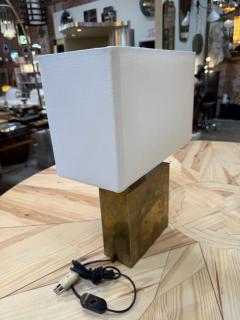 Brass Table Lamp with Blue Panel Base and Rectangular Linen Shade - 4795603