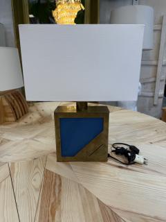 Brass Table Lamp with Blue Panel Base and Rectangular Linen Shade - 4795604