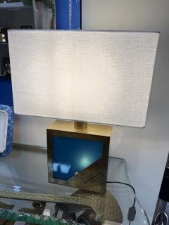 Brass Table Lamp with Blue Panel Base and Rectangular Linen Shade - 4795606